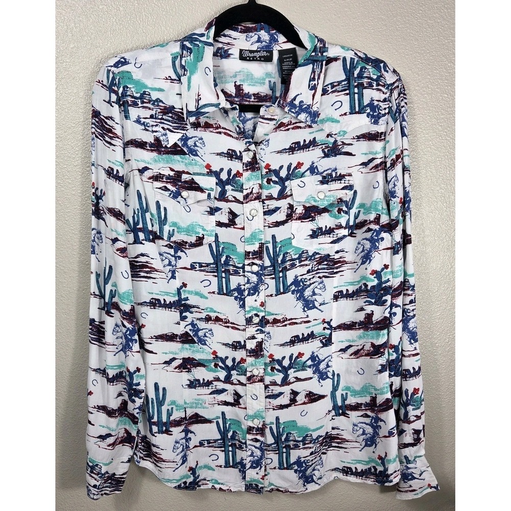Wrangler Retro Western Snap Shirt Women Small Cowboy Desert Print Rayon Pearl...